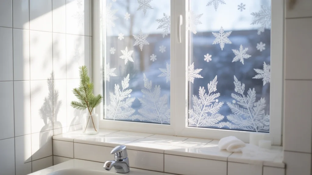 frosted window decals creating a snowy holiday atmosphere in the bathroom