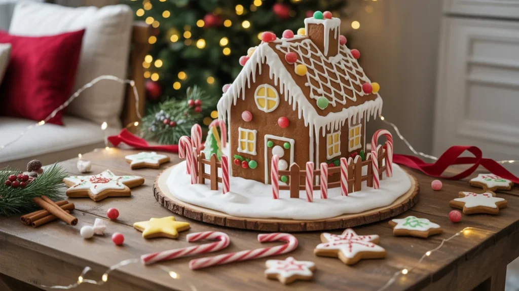 “gingerbread house and candy cane Christmas coffee table decor, whimsical holiday setup”