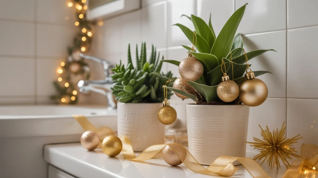 bathroom plants decorated with small gold ornaments and metallic holiday accents