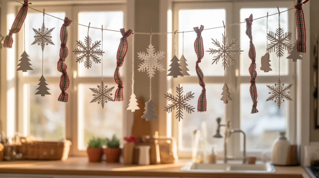 handmade christmas decor with diy paper garlands and wooden ornaments in cozy kitchen
