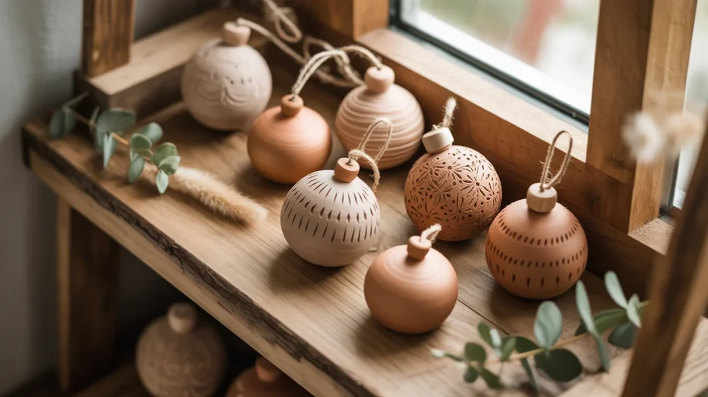 handmade clay and wooden ornaments adding artisan charm to boho christmas bathroom styling