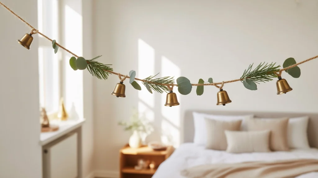 Hanging brass bells and greenery garland creating rustic festive wall decor in bedroom.