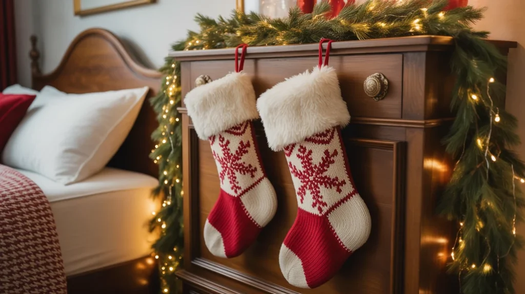 Small red and gold stockings hung on bed frame in romantic Christmas bedroom
