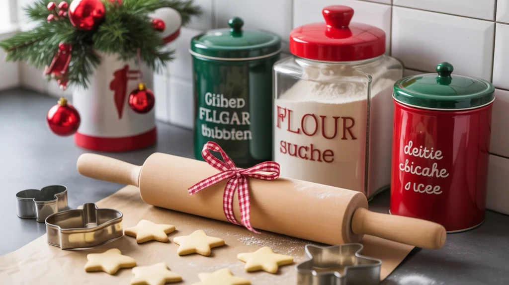 Christmas baking corner with red and green storage jars, cookie cutters, and festive baking essentials.