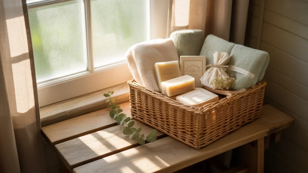 “small holiday guest basket with rolled towels and seasonal soaps on a bathroom bench”