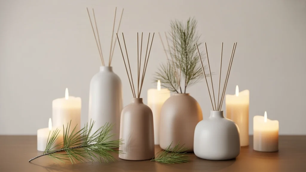 “Minimalist Christmas setting featuring pine-scented candles and natural decor for a cozy Scandinavian holiday vibe.”