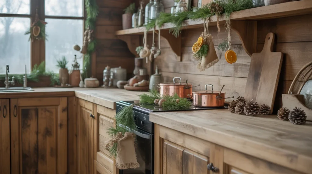 simple rustic christmas kitchen with handmade ornaments, wood accents, and natural textures