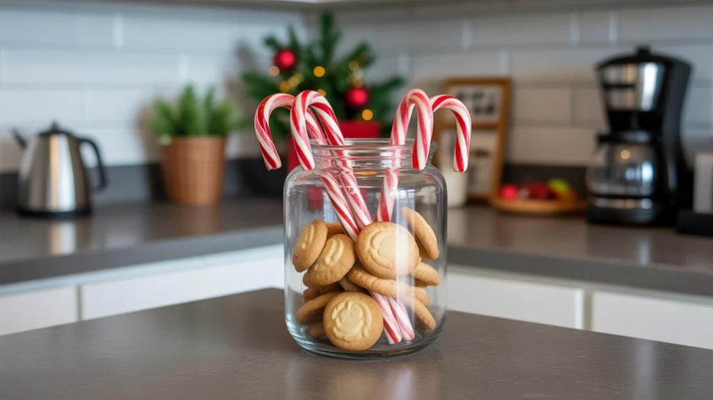 Glass jar filled with cookies, candy canes, and peppermints adding sweet festive touch to kitchen counter decor