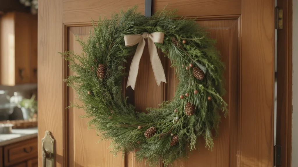 Large pine wreath hanging on a kitchen door for a natural Christmas welcome