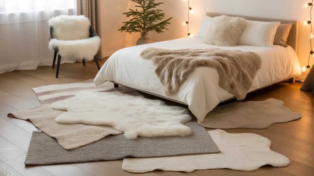 Layered rugs with soft neutral tones and faux fur texture for cozy modern Christmas bedroom