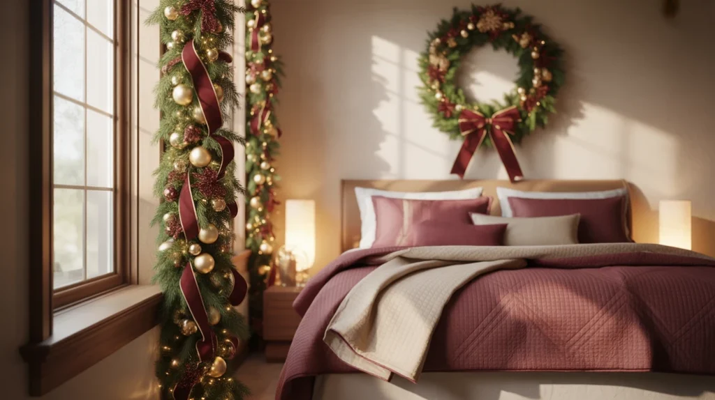 Matching garland and wreath decor complementing bedding in Christmas bedroom