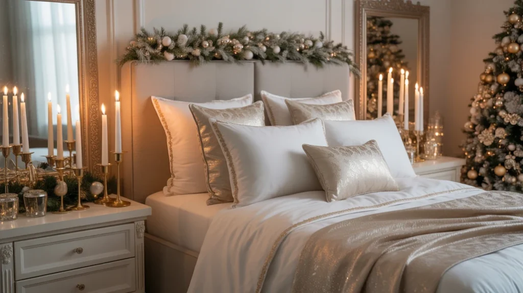 metallic gold and silver accents adding elegant glamour to christmas bedroom styling