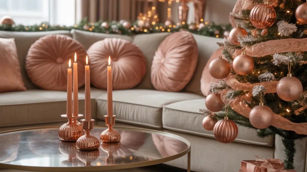 Metallic and textured Christmas decor accents in cozy small bedroom