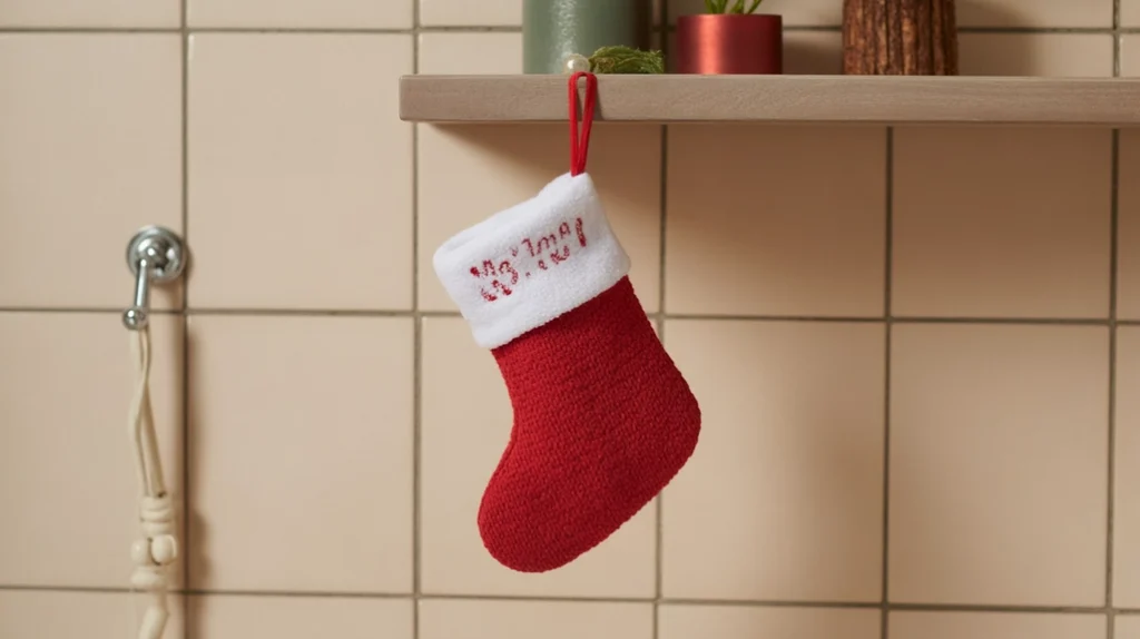 Mini Christmas stocking hanging on a hook as a cute holiday detail in a small bathroom.