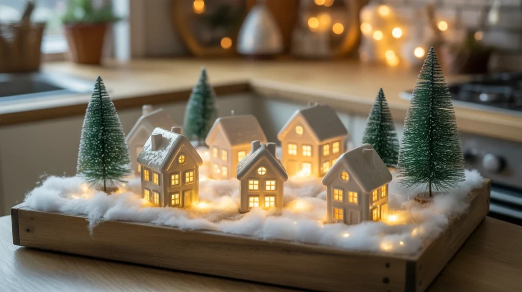mini christmas village on tray with ceramic houses, fairy lights, and faux snow
