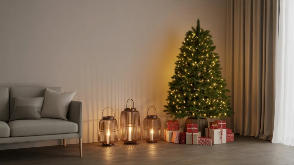 small Christmas tree and lanterns brightening cozy living room corner