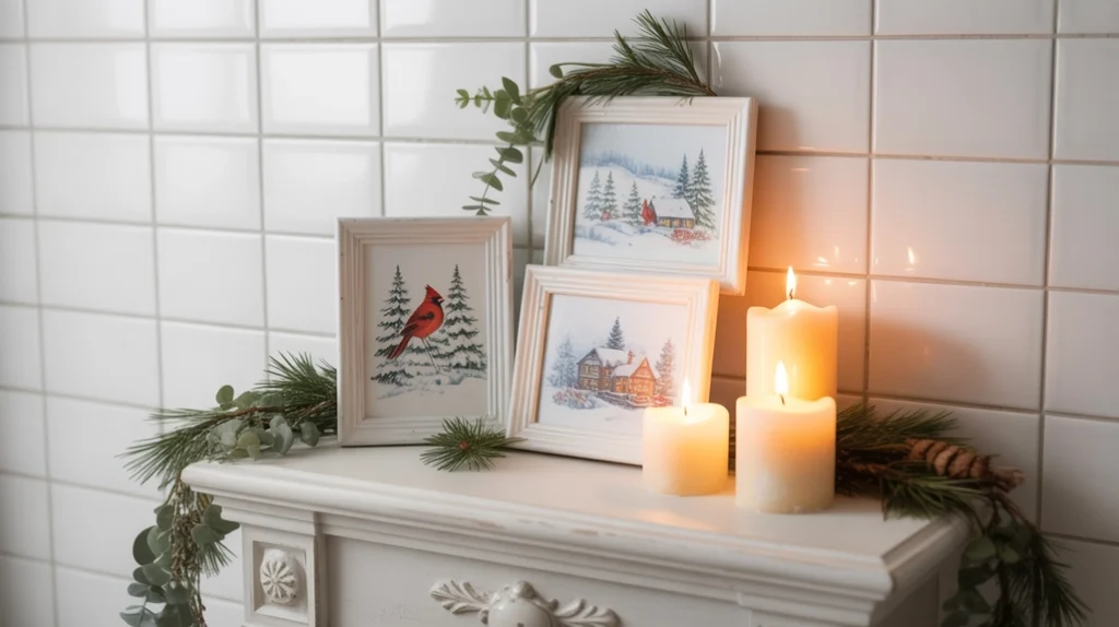 small framed Christmas artwork displayed on bathroom shelf with greenery