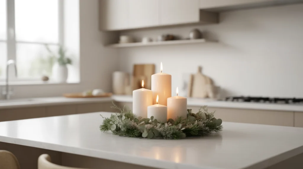 Minimalist kitchen island with simple greenery garland and candles for calm modern Christmas holiday style