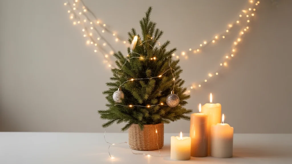 Minimal Christmas bedroom decor with soft lighting, garland, and compact festive touches