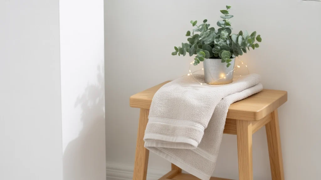 silver and snowflake-pattern rug adding soft winter texture to cool-toned bathroom