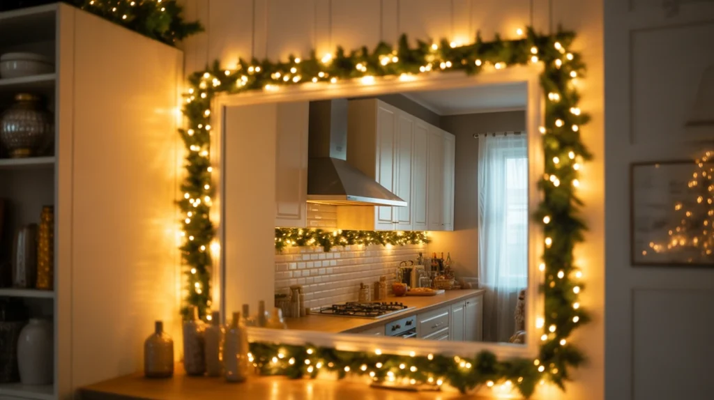 Mirror on a kitchen wall reflecting Christmas fairy lights and garlands for bright and festive holiday decor.