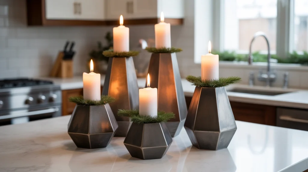Sleek modern candle holders in holiday kitchen adding elegant Christmas atmosphere