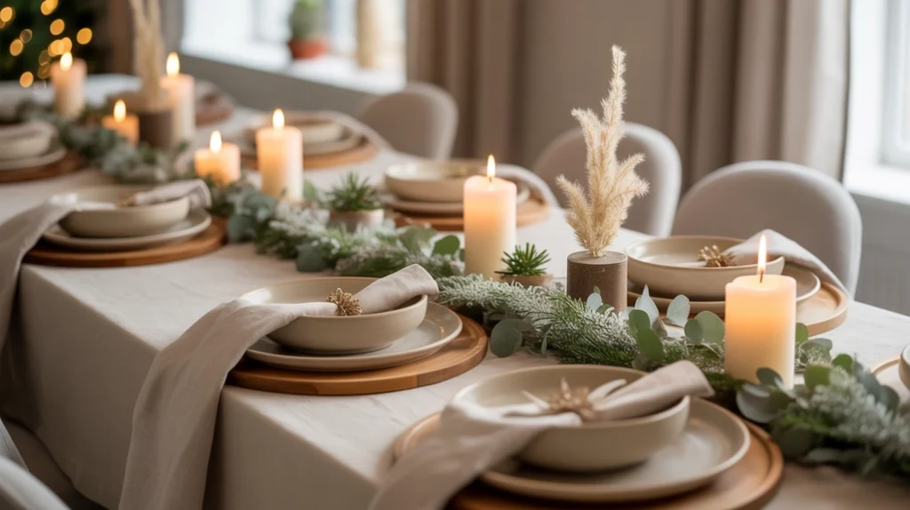 Neutral Christmas table décor with beige tones, linen textures, and soft greenery