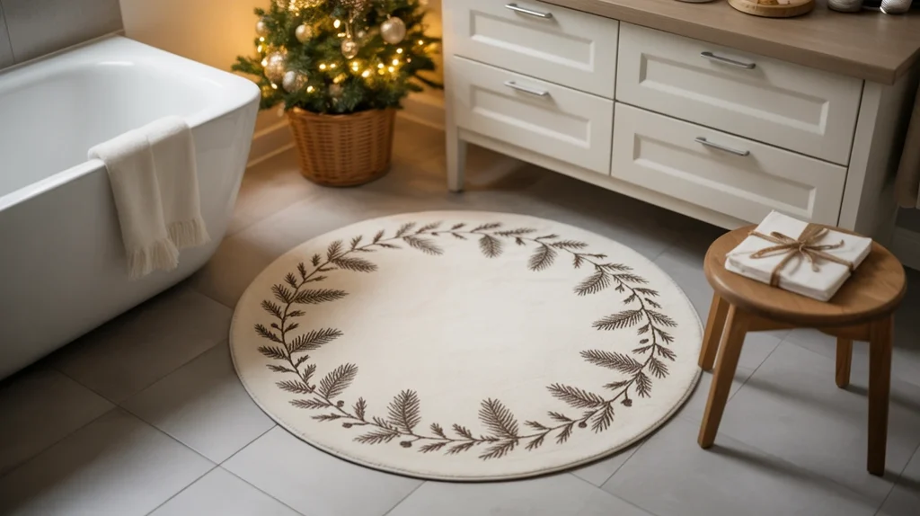 neutral christmas rug with soft winter patterns adding warmth to the floor