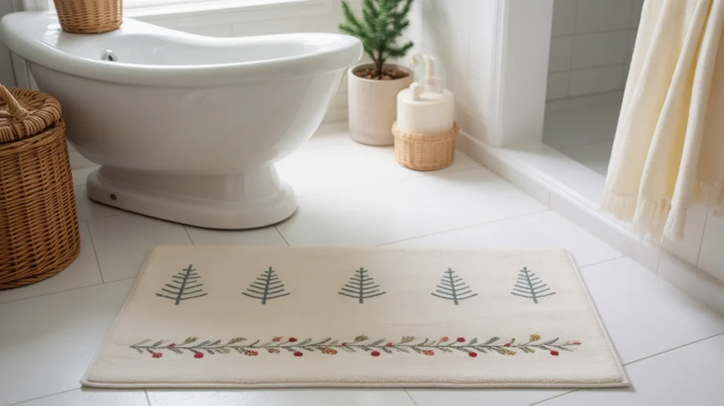 Neutral Christmas rug with subtle winter embroidery placed near the bathroom sink.