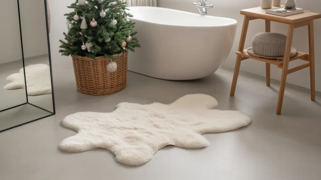 neutral christmas rug with quiet winter patterns enhancing a clean modern bathroom