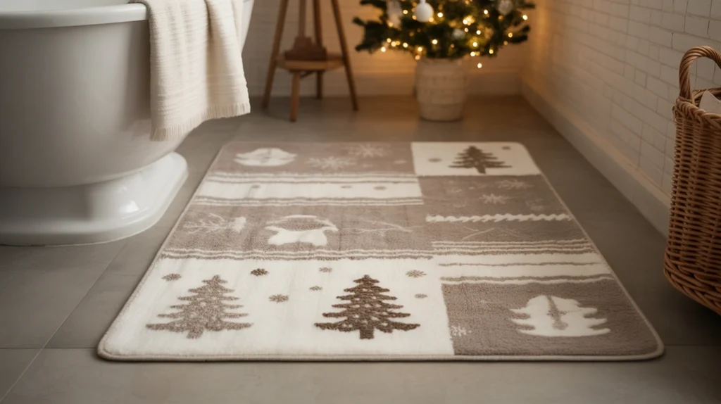 neutral christmas rug with soft winter patterns adding cozy warmth to a small bathroom