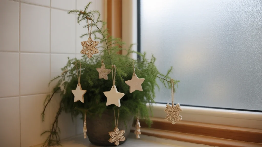 bathroom plants decorated with small wooden and ceramic neutral christmas ornaments