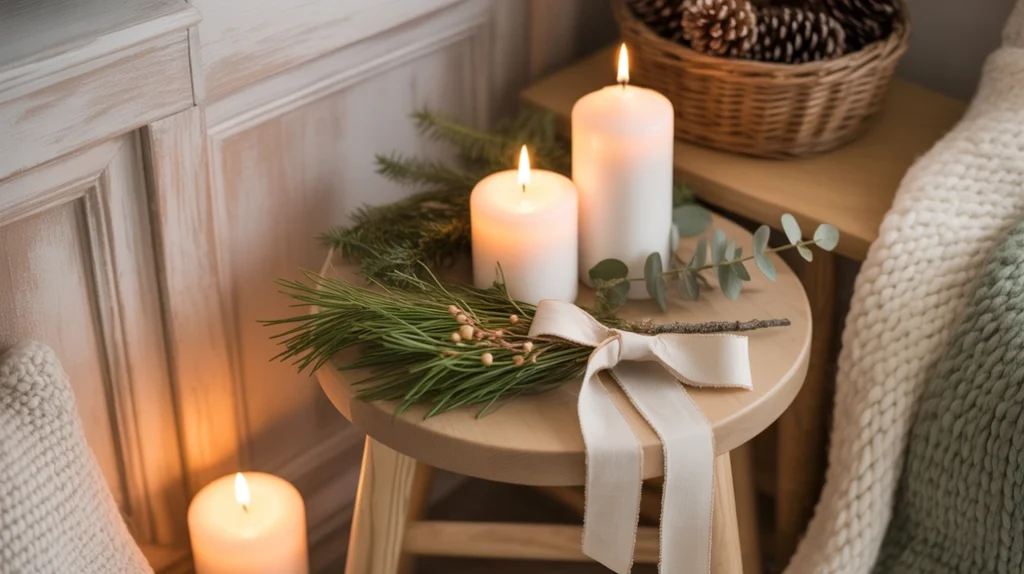 Nordic Christmas bathroom corner decorated with wood, greenery, and soft winter textures.