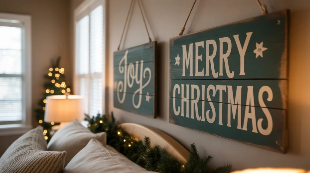 DIY wooden holiday wall signs painted with Merry Christmas quotes for handmade bedroom decor.