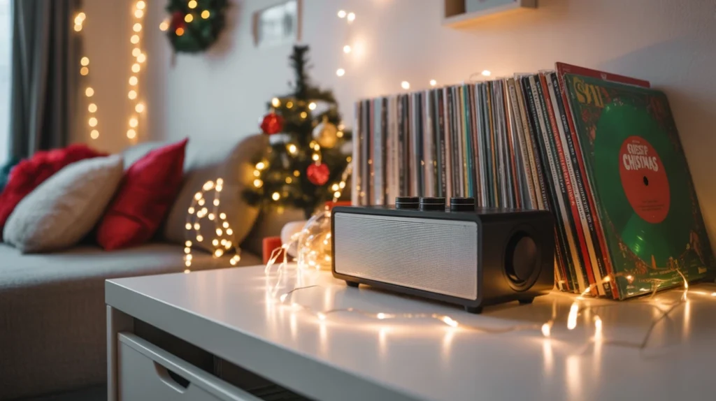 Music playlist corner with Bluetooth speaker and festive lights for a lively teen Christmas bedroom