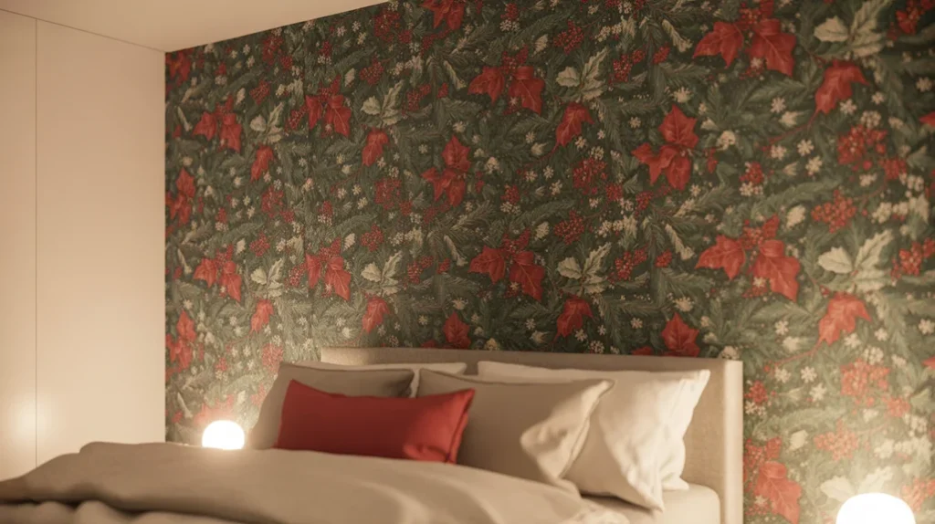 Red and green Christmas wallpaper accent wall in holiday bedroom