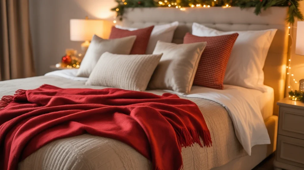 red throw blanket layered at foot of bed adding warmth and cozy christmas bedroom texture