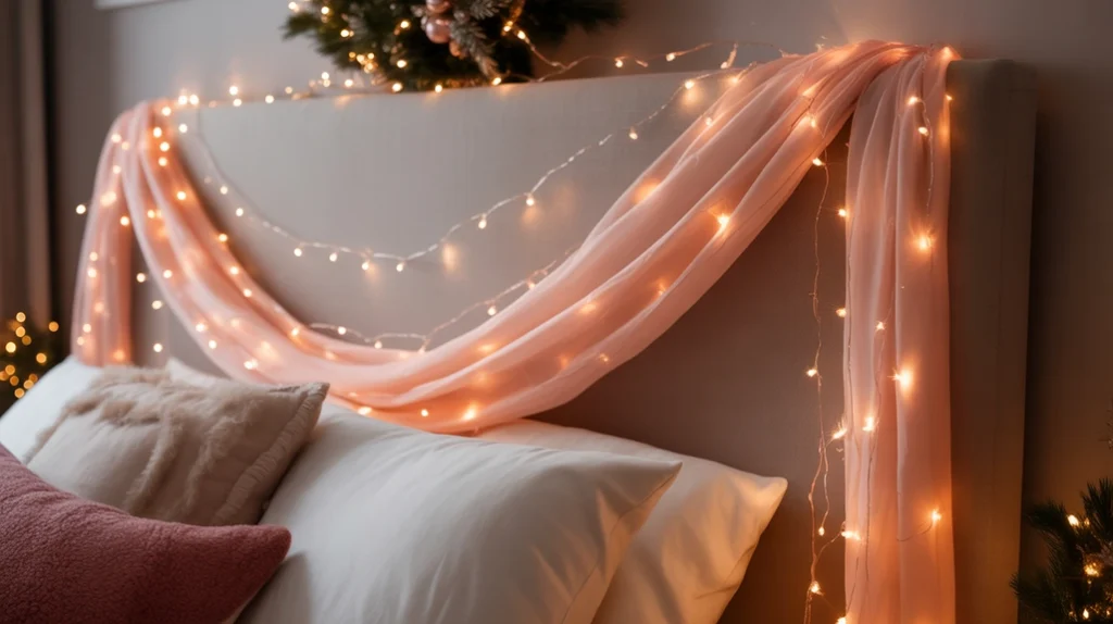 rose gold fairy lights around headboard adding warmth and magical sparkle to Christmas bedroom decor