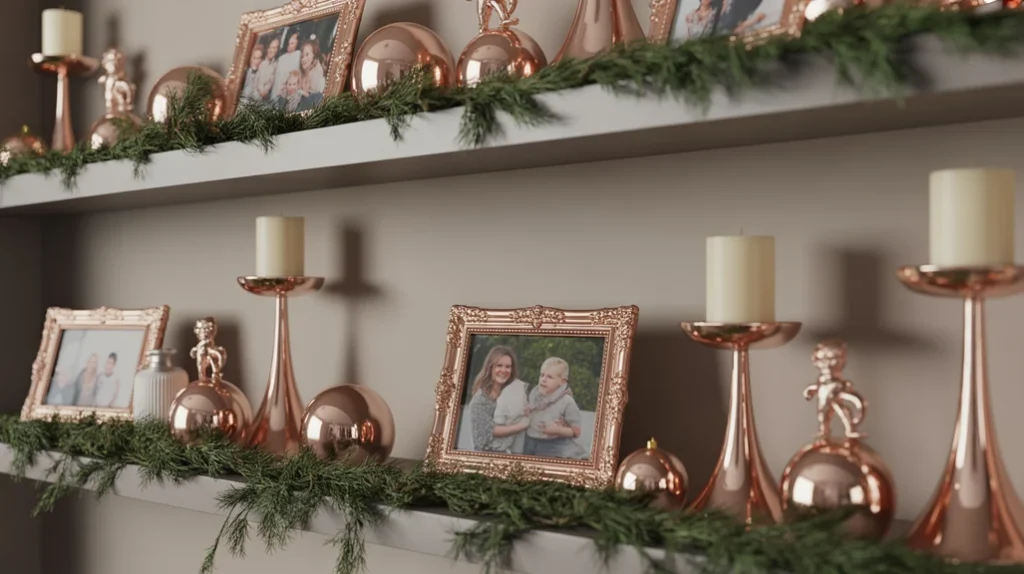 Shelves styled with rose gold ornaments, candleholders, and greenery for elegant Christmas living room decor.