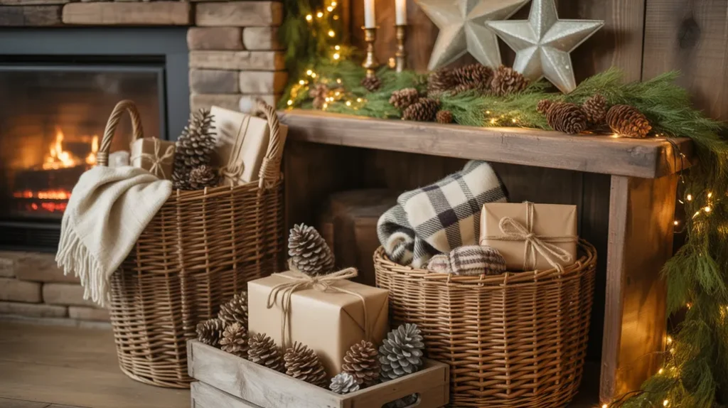Rustic baskets and farmhouse storage ideas for Christmas blankets and gifts beside a decorated tree.