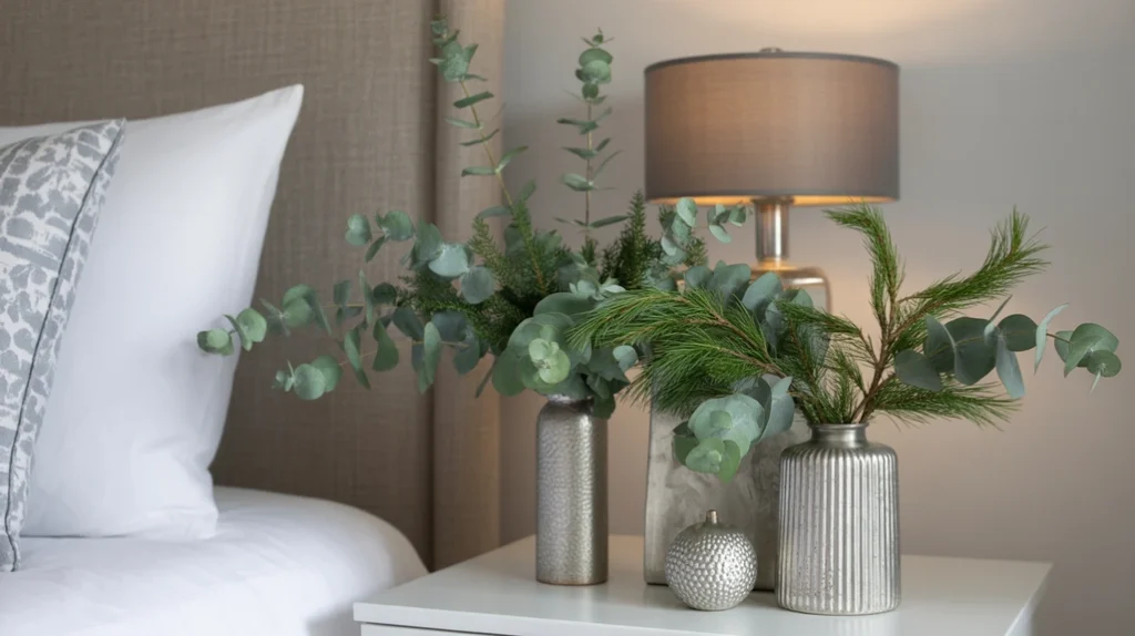 eucalyptus and pine greenery in silver vases bringing natural touch to modern metallic Christmas bedroom decor