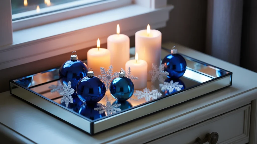 Silver tray displaying blue glass ornaments, candles, and snowflake decor, bringing a touch of elegance to the Christmas bedroom.