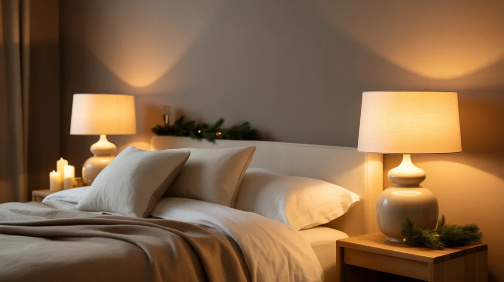 warm table lamps providing cozy light in a neutral minimalist holiday bedroom