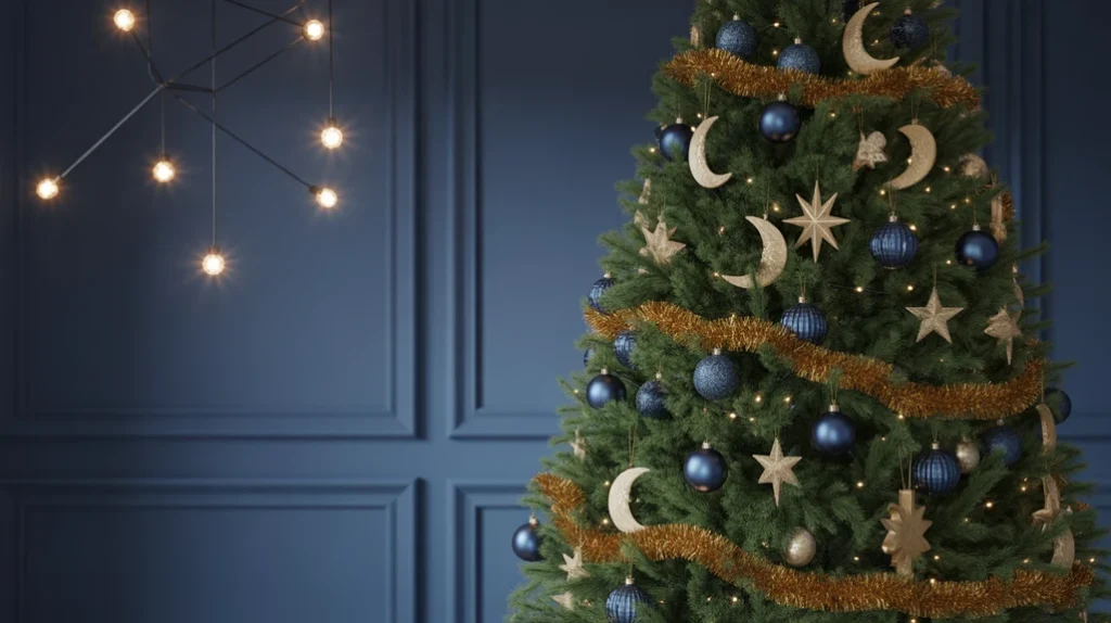 Starry Night Christmas Tree with moon and star ornaments and celestial garlands