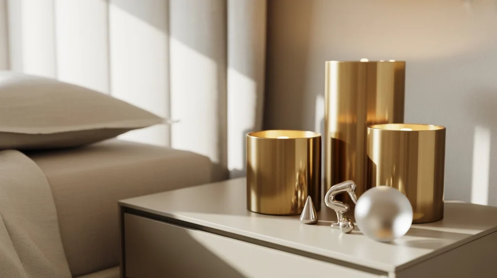 Brushed gold candleholders and silver ornaments adding warm shimmer to minimal Nordic decor