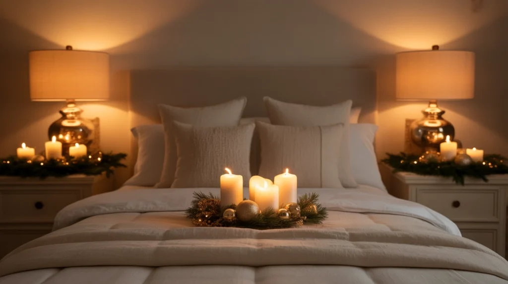 Symmetrical layout with matching lamps and candles for balanced minimalist Christmas bedroom style