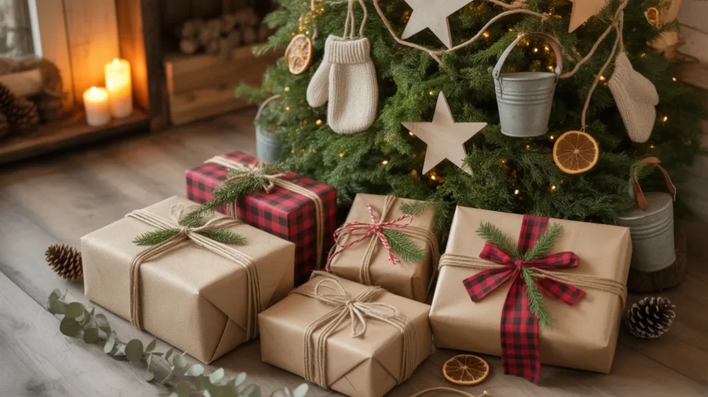 Christmas gifts wrapped in burlap and plaid fabric under a farmhouse tree with cozy holiday vibes.