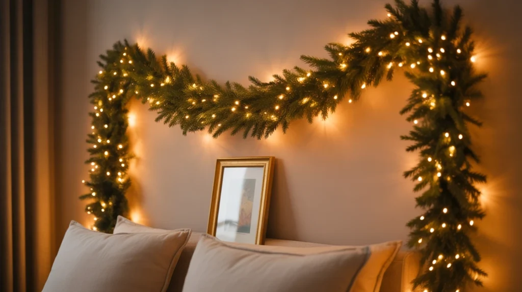 Mason jars filled with micro fairy lights adding handmade festive charm to bedroom