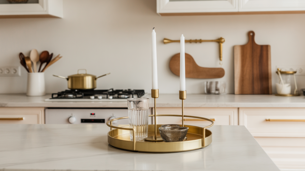 White marble kitchen countertop with gold trays, utensils, and candles for a chic and modern Christmas decor style