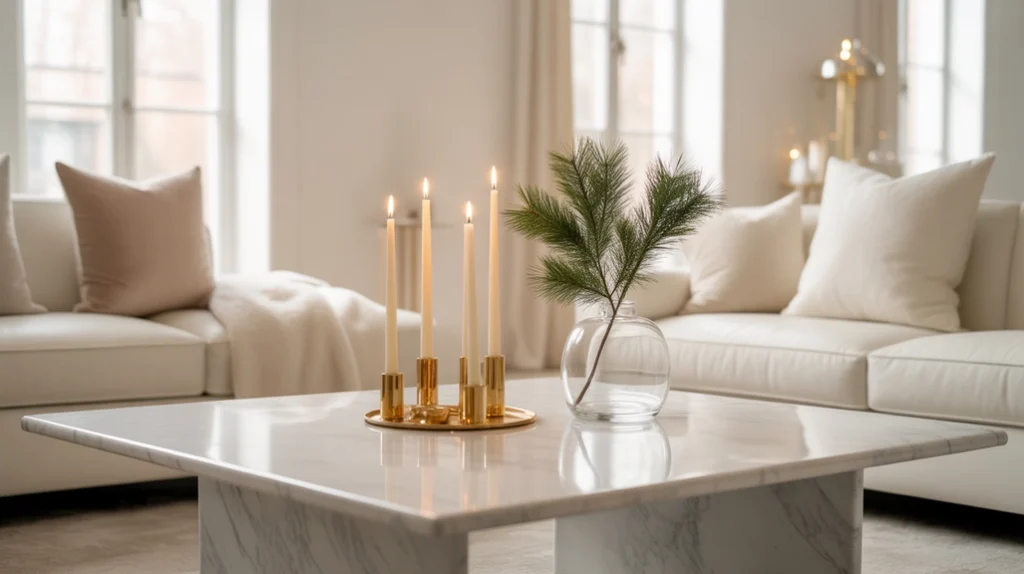 White marble and gold home accessories creating a sophisticated and modern Christmas interior look